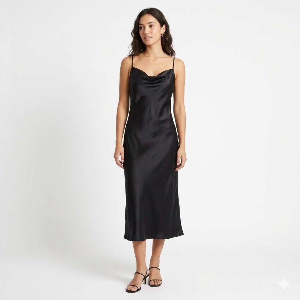 Bebe Slip Dress Womens Small Black Cowl Neck Satin Midi Minimalist Cocktail